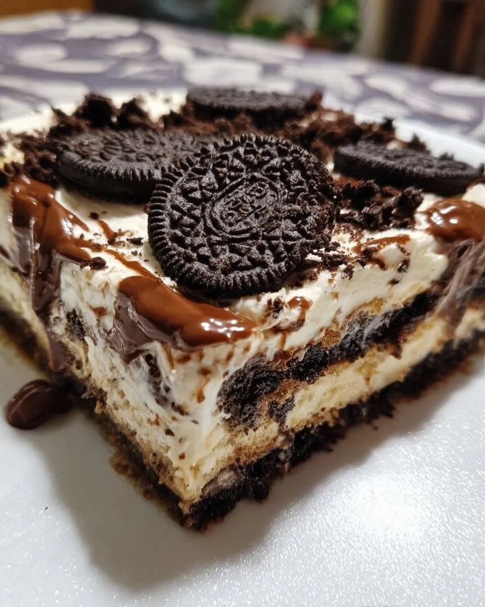 Delicious creamy Oreo lasagna dessert served in a glass dish