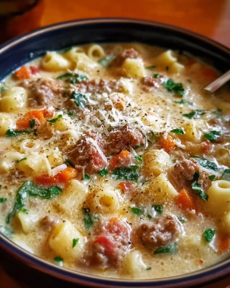 Bowl of creamy Parmesan beef sausage ditalini soup garnished with herbs