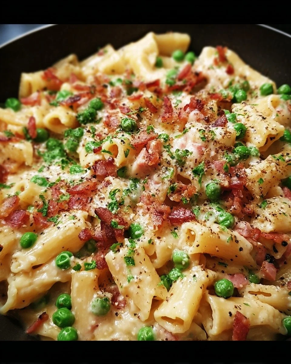 Creamy pasta dish with peas and halal turkey bacon, showcasing vibrant colors and textures.