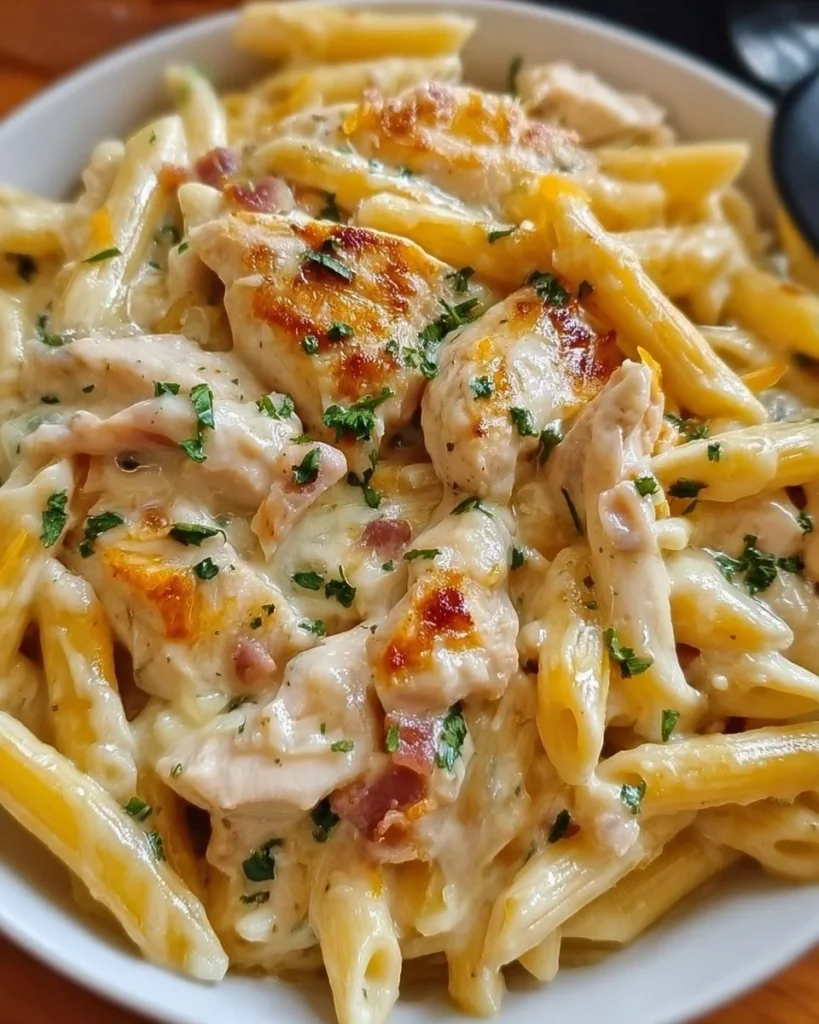 Creamy Ranch Chicken Penne pasta dish served in a bowl with herbs