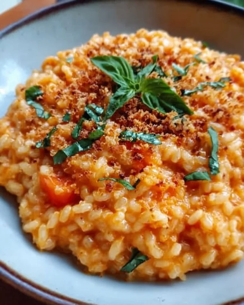Creamy tomato risotto served with crispy garlic crumbs on top
