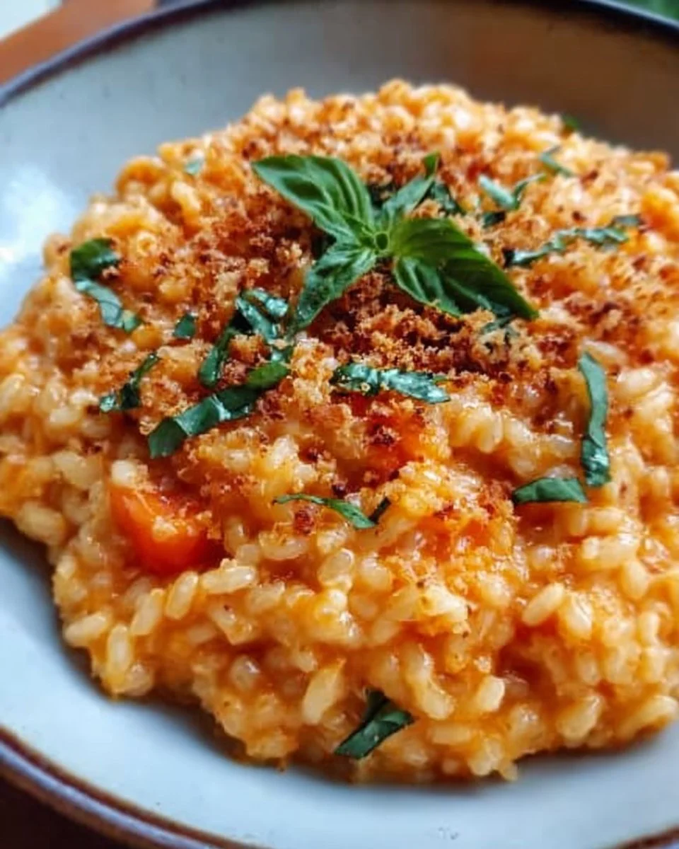 Creamy tomato risotto served with crispy garlic crumbs on top