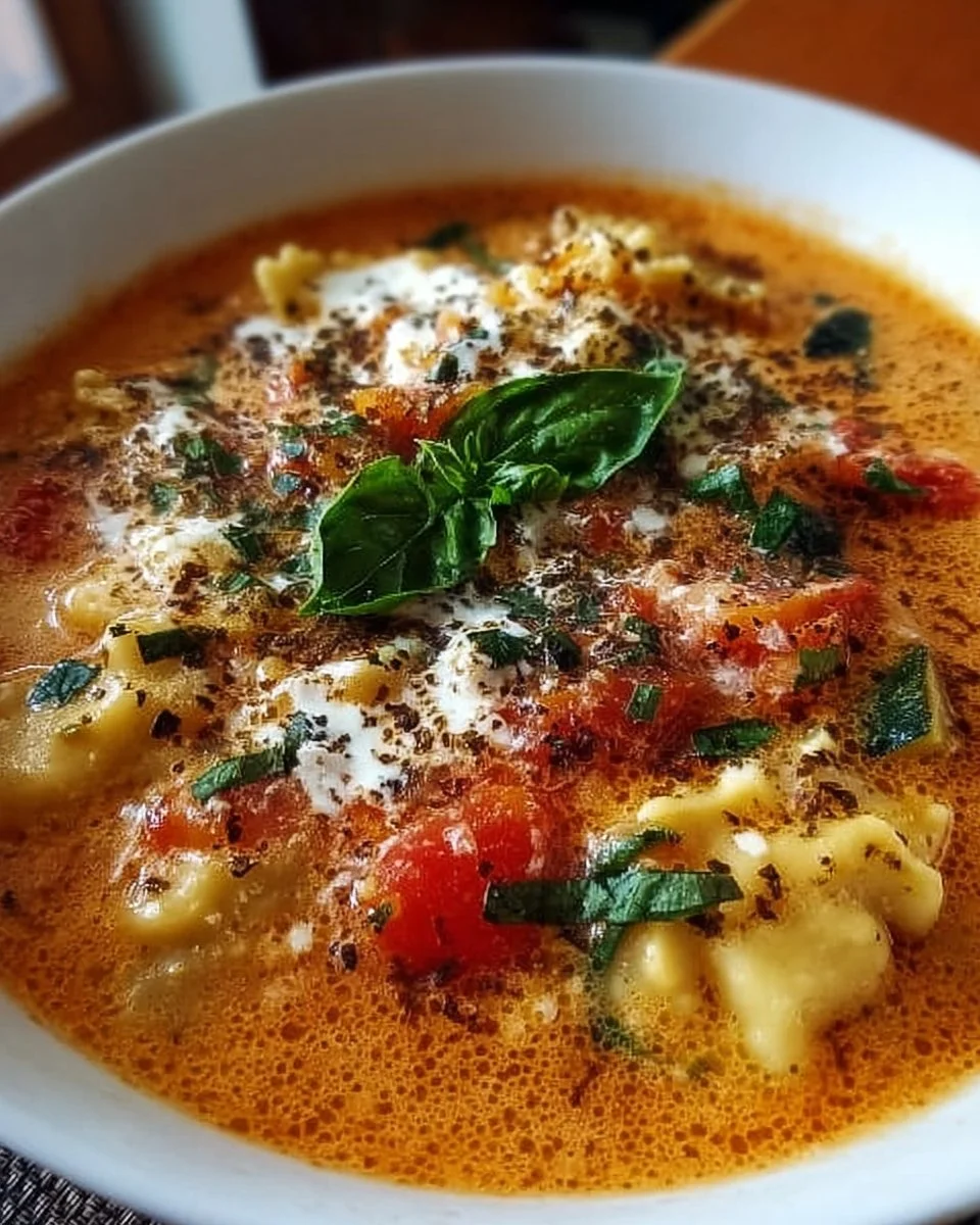 Bowl of creamy vegetarian lasagna soup topped with fresh herbs and cheese.