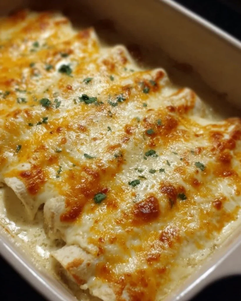 Plate of creamy white chicken enchiladas topped with cheese and cilantro