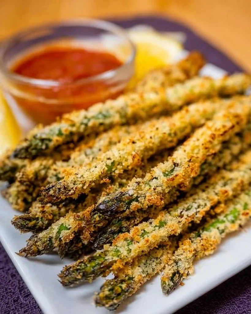 Crispy baked asparagus fries served on a plate with dipping sauce