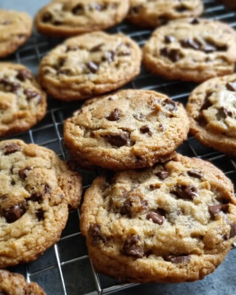 Delicious crispy chewy chocolate chip cookies on a baking tray