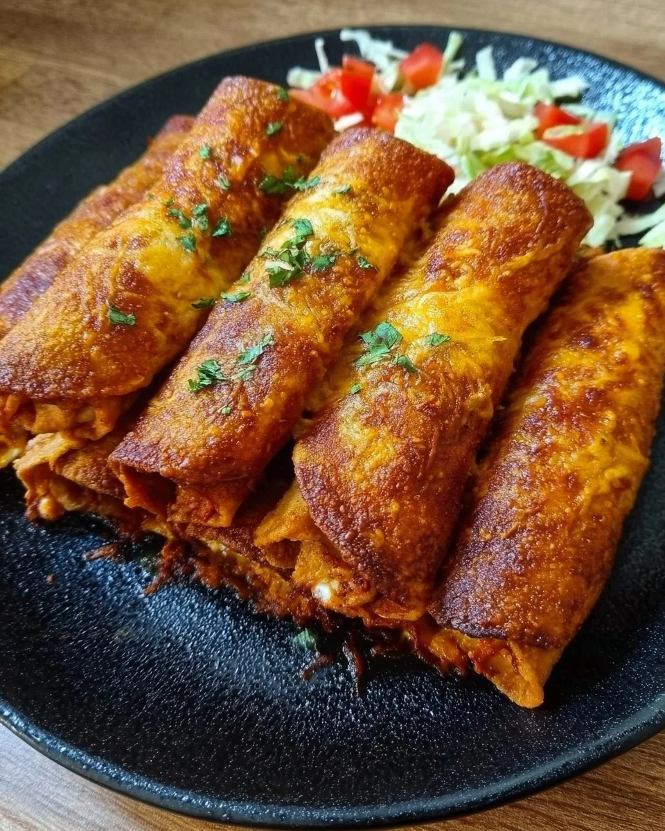 Plate of crispy chicken taquitos served with dipping sauce