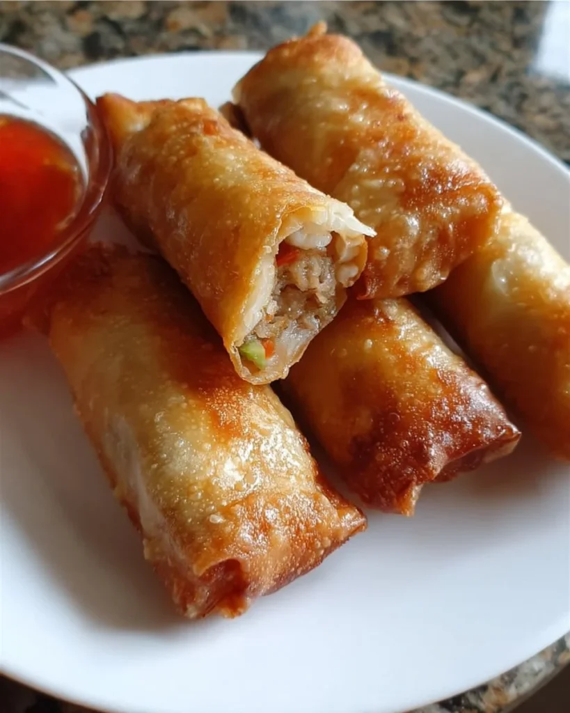 Crispy easy Chinese egg rolls ready to be served on a plate.