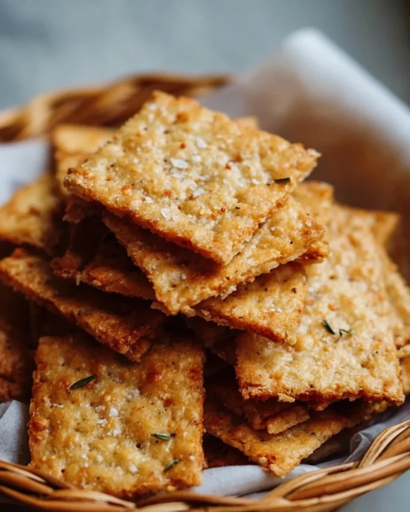 Crispy low-carb almond flour crackers served on a wooden board