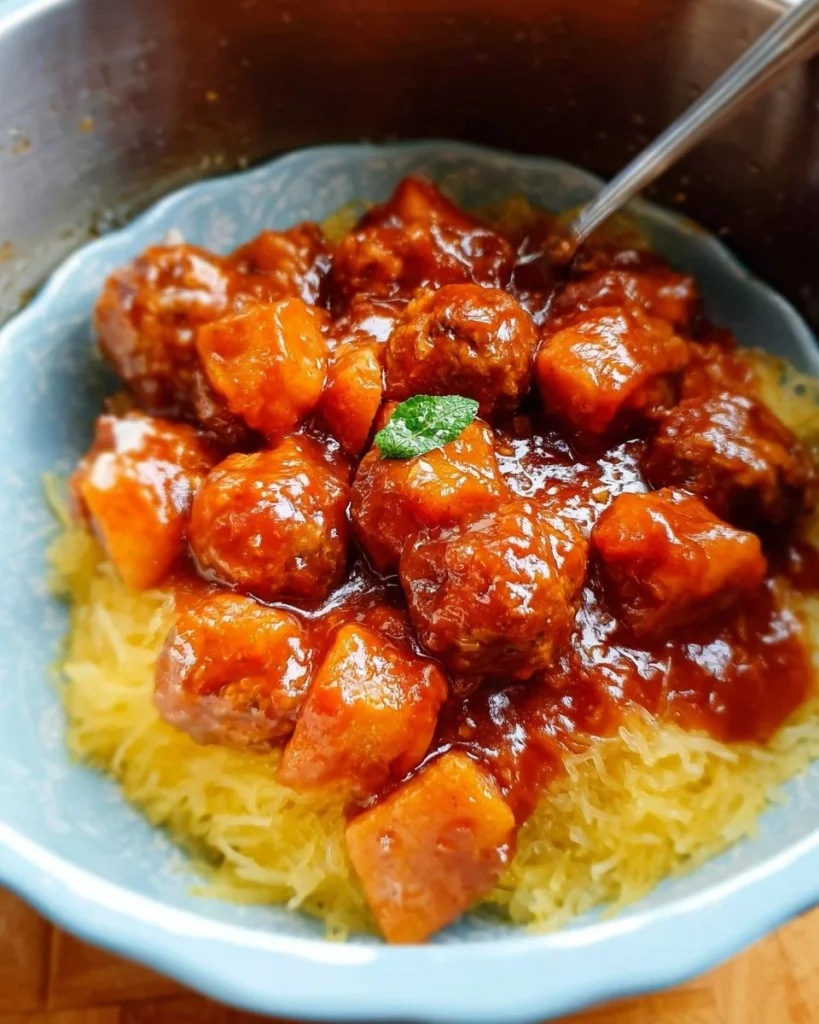 Crock Pot Spaghetti Squash served with meatballs on a plate