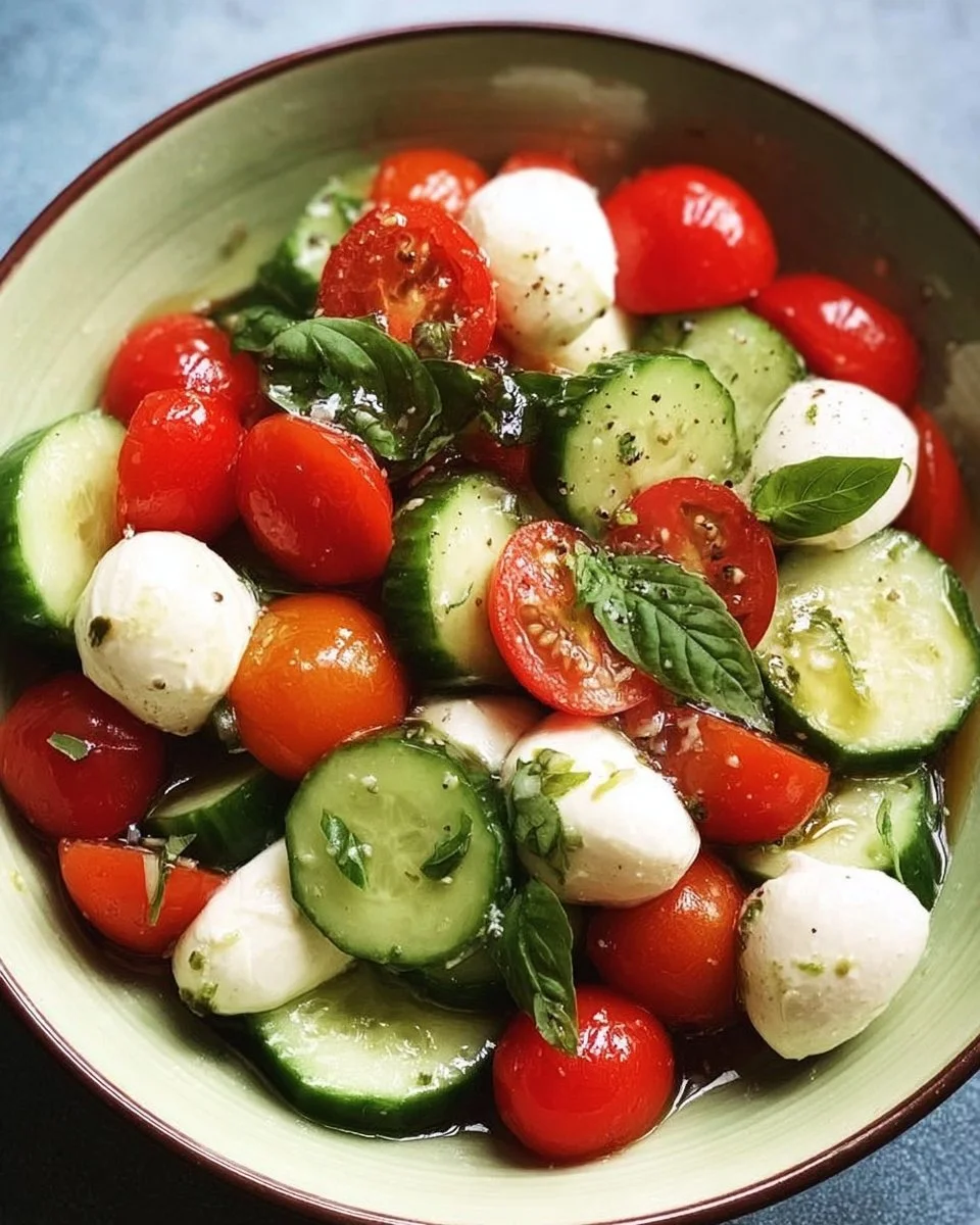 Fresh Cucumber Caprese Salad with mozzarella and basil on a plate
