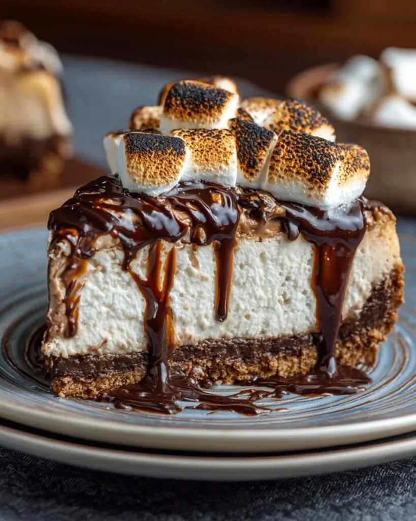 Decadent S'mores Cheesecake with graham cracker crust and toasted marshmallows
