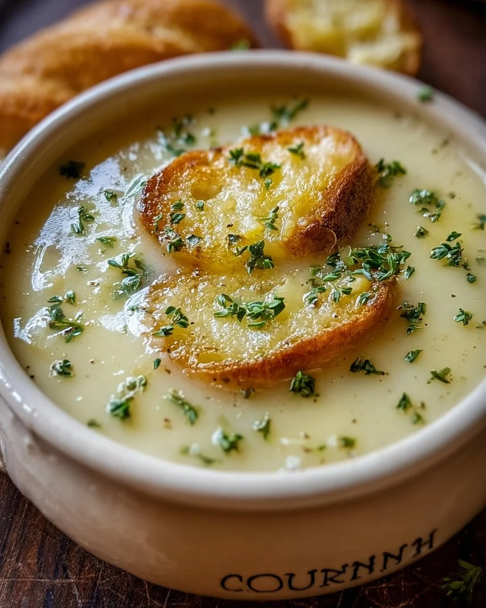 Bowl of delicious country French garlic soup garnished with fresh herbs