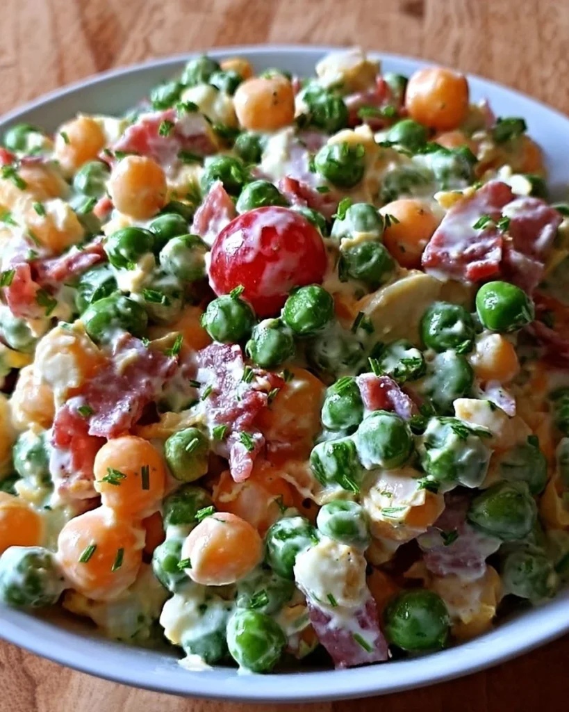 A vibrant bowl of Delicious Southern Pea Salad with colorful vegetables and herbs