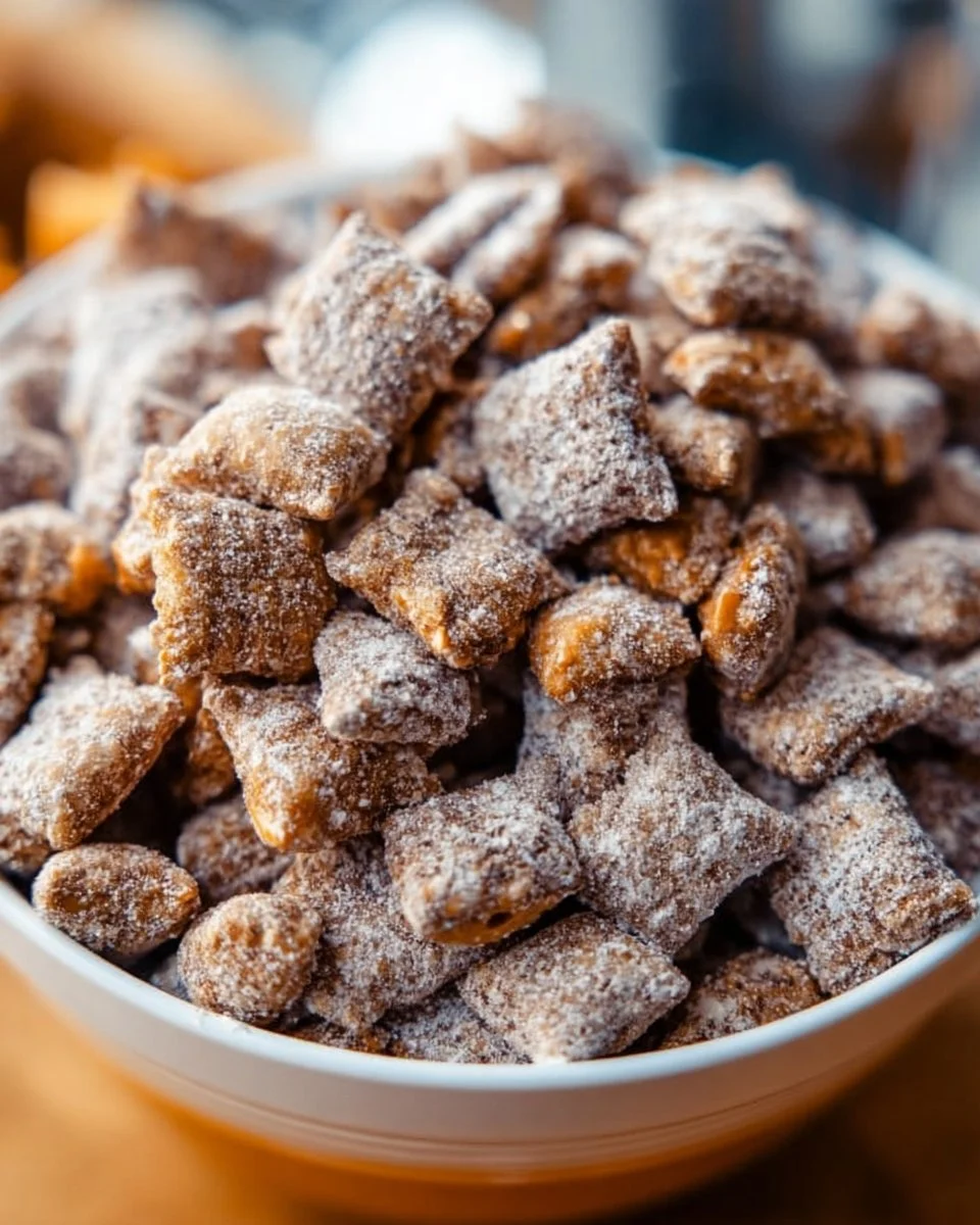 Bowl of Easy Butterfinger Puppy Chow with chocolate and peanut butter coating