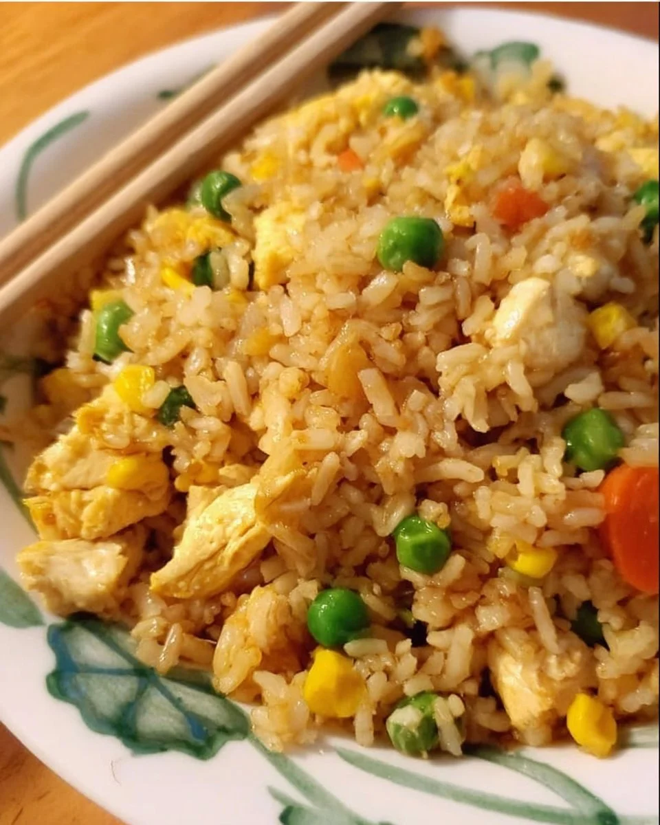 Plate of easy chicken fried rice with vegetables and chicken pieces