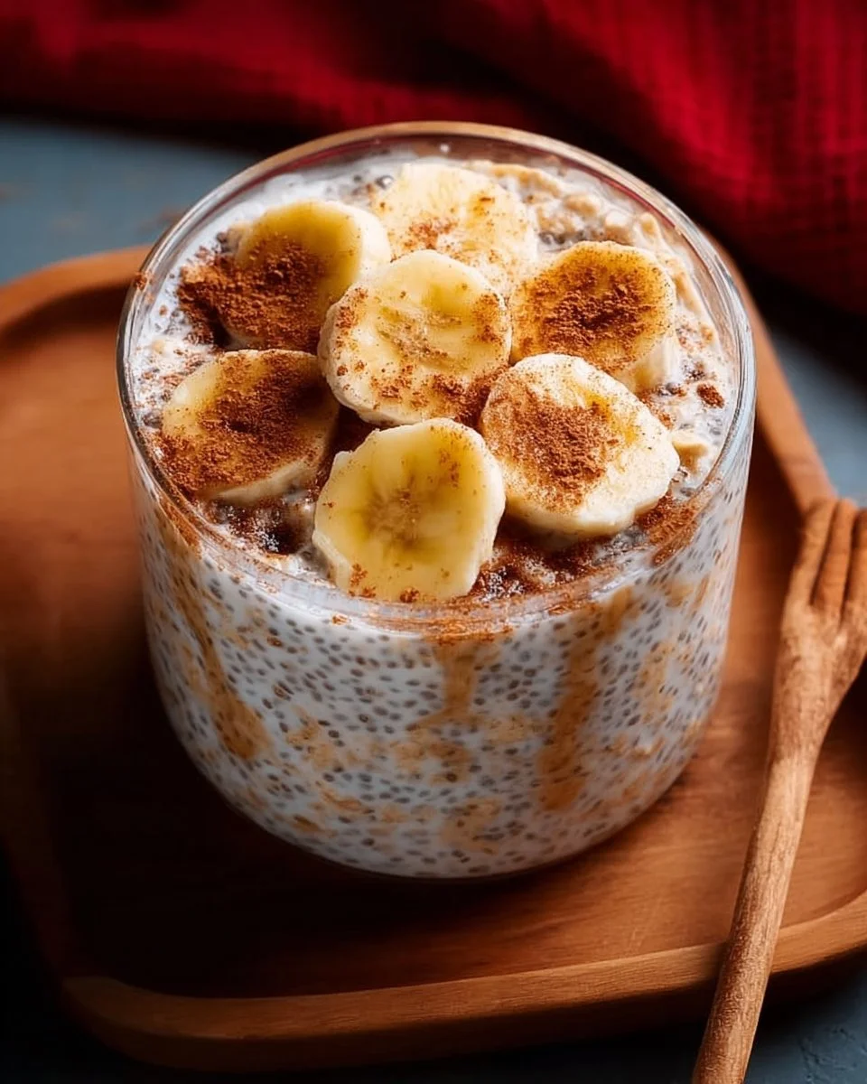 Bowl of easy cinnamon overnight oats with chia seeds and toppings