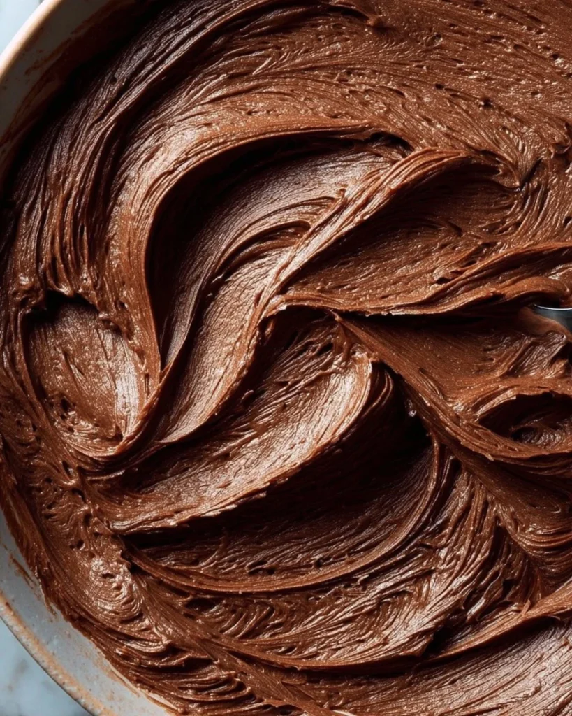 A bowl of easy classic chocolate icing ready for decorating cakes.