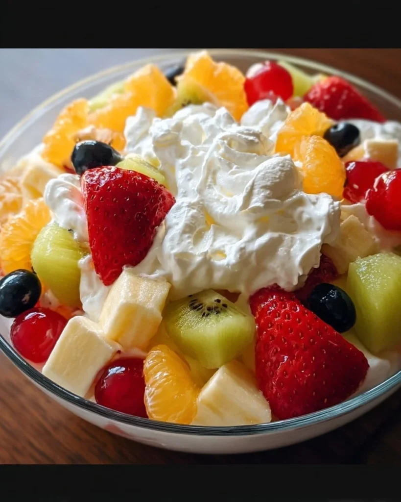 Colorful easy fruit salad with Cool Whip served in a bowl