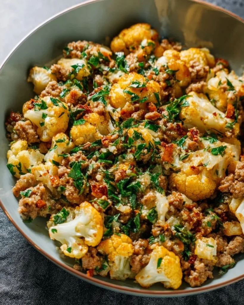 Easy garlic butter ground turkey skillet with cauliflower for a healthy meal