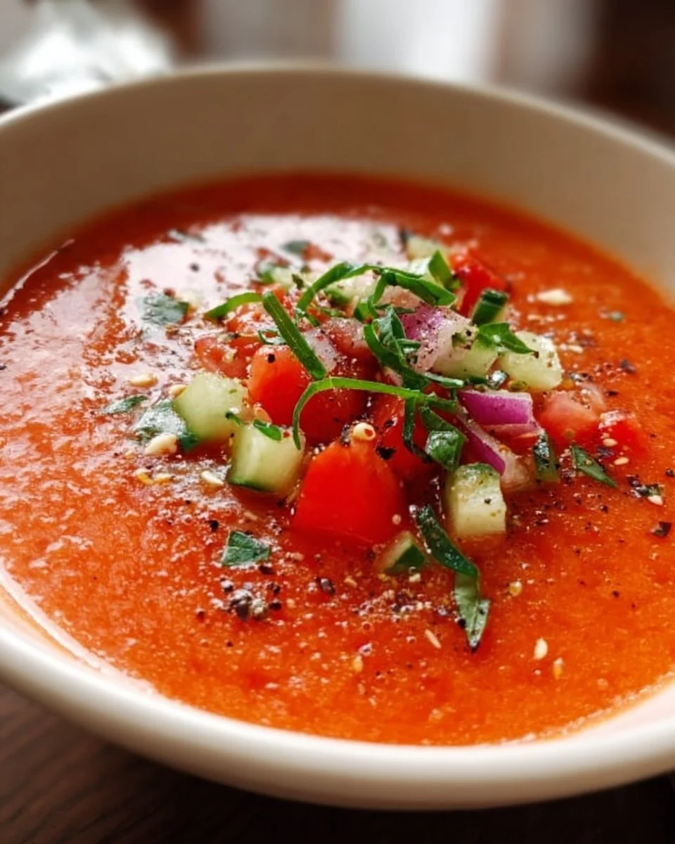 Bowl of Easy Greatest Gazpacho garnished with fresh vegetables
