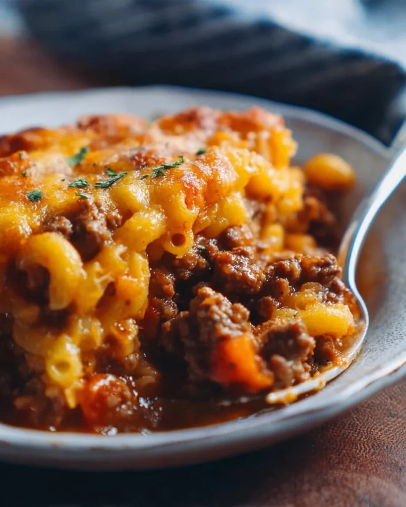 Delicious easy ground beef casserole topped with cheese and herbs