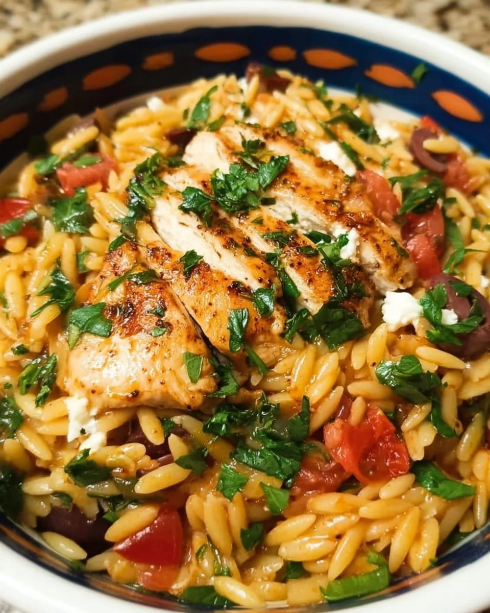 Bowl of easy Mediterranean Chicken Orzo with vegetables and herbs