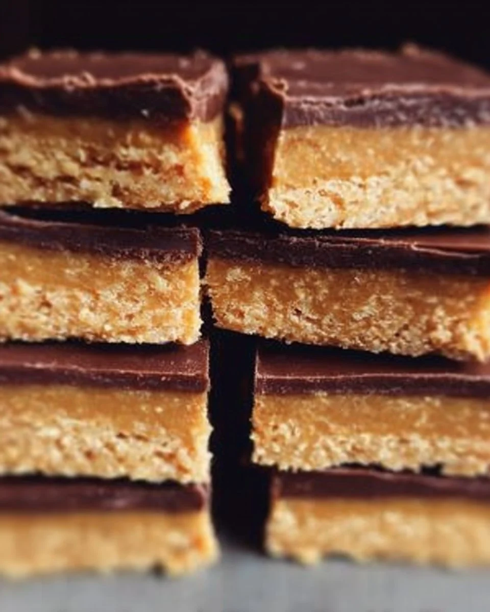No-bake chocolate peanut butter bars ready to be served on a plate