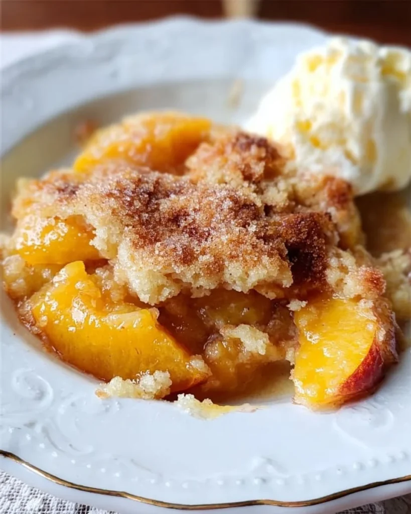 Delicious easy peach cobbler freshly baked in a dish