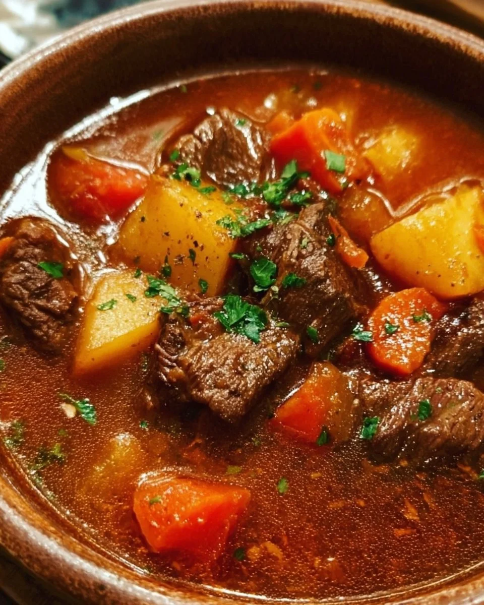Delicious Pioneer Woman’s Crockpot Beef Stew in a bowl with fresh herbs