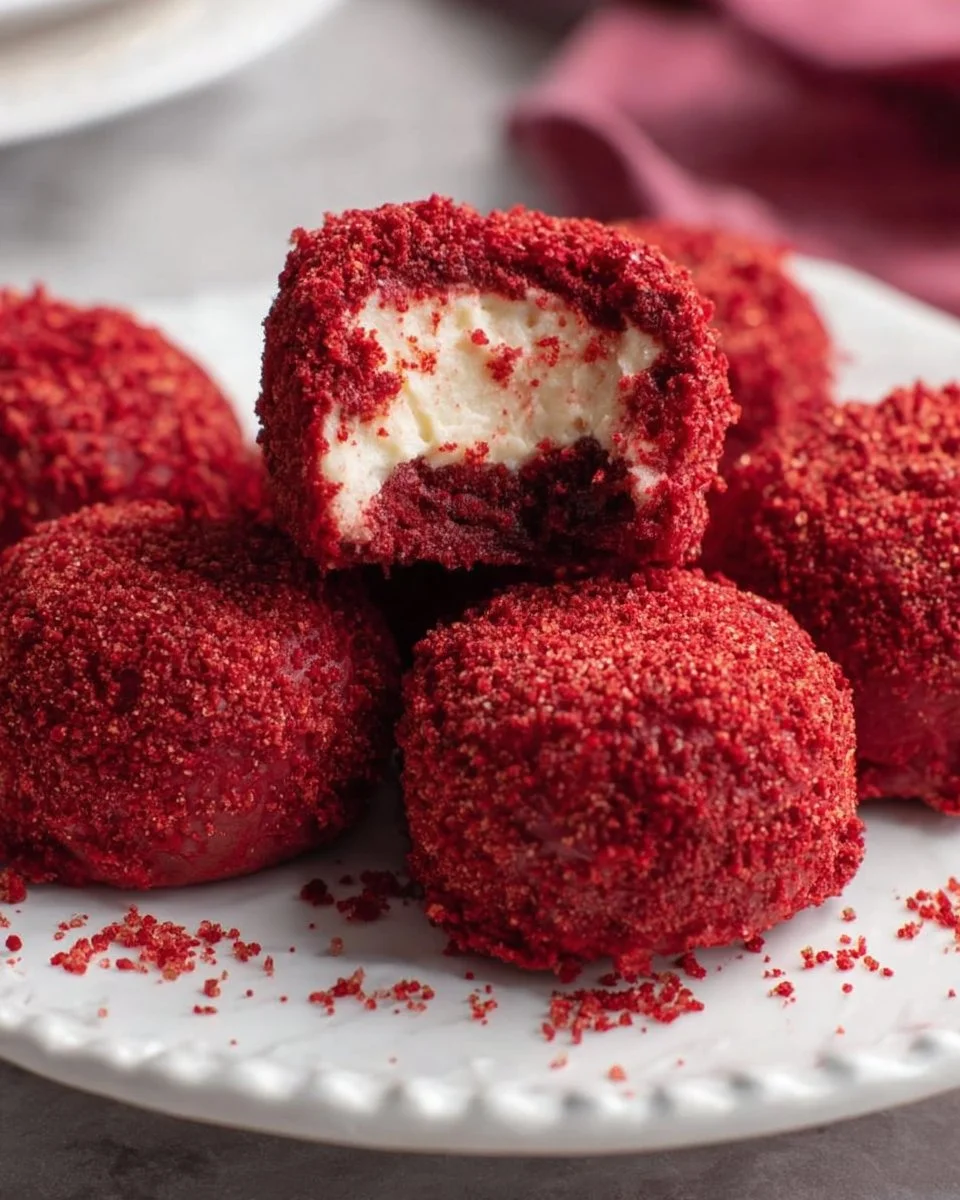 Delicious easy red velvet cheesecake bites on a white plate