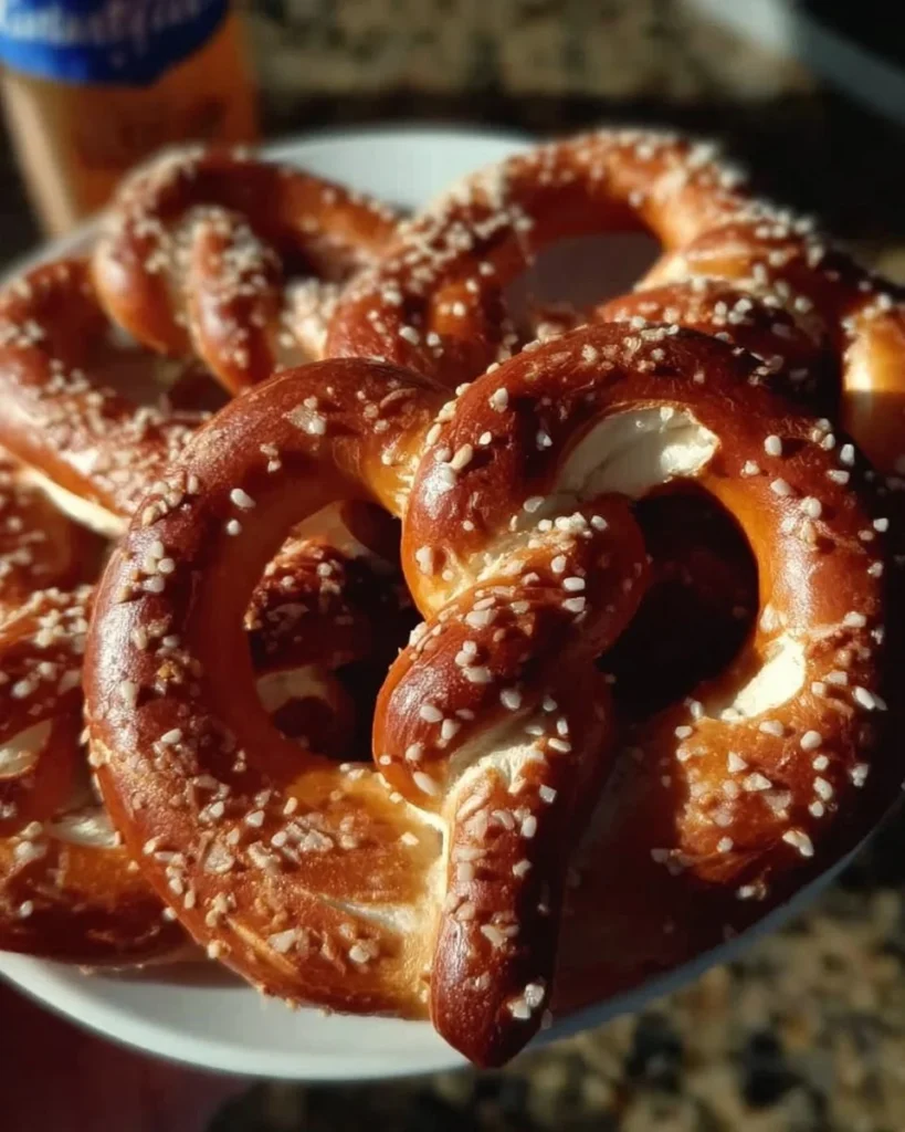 Homemade soft pretzels sprinkled with coarse salt on a wooden board