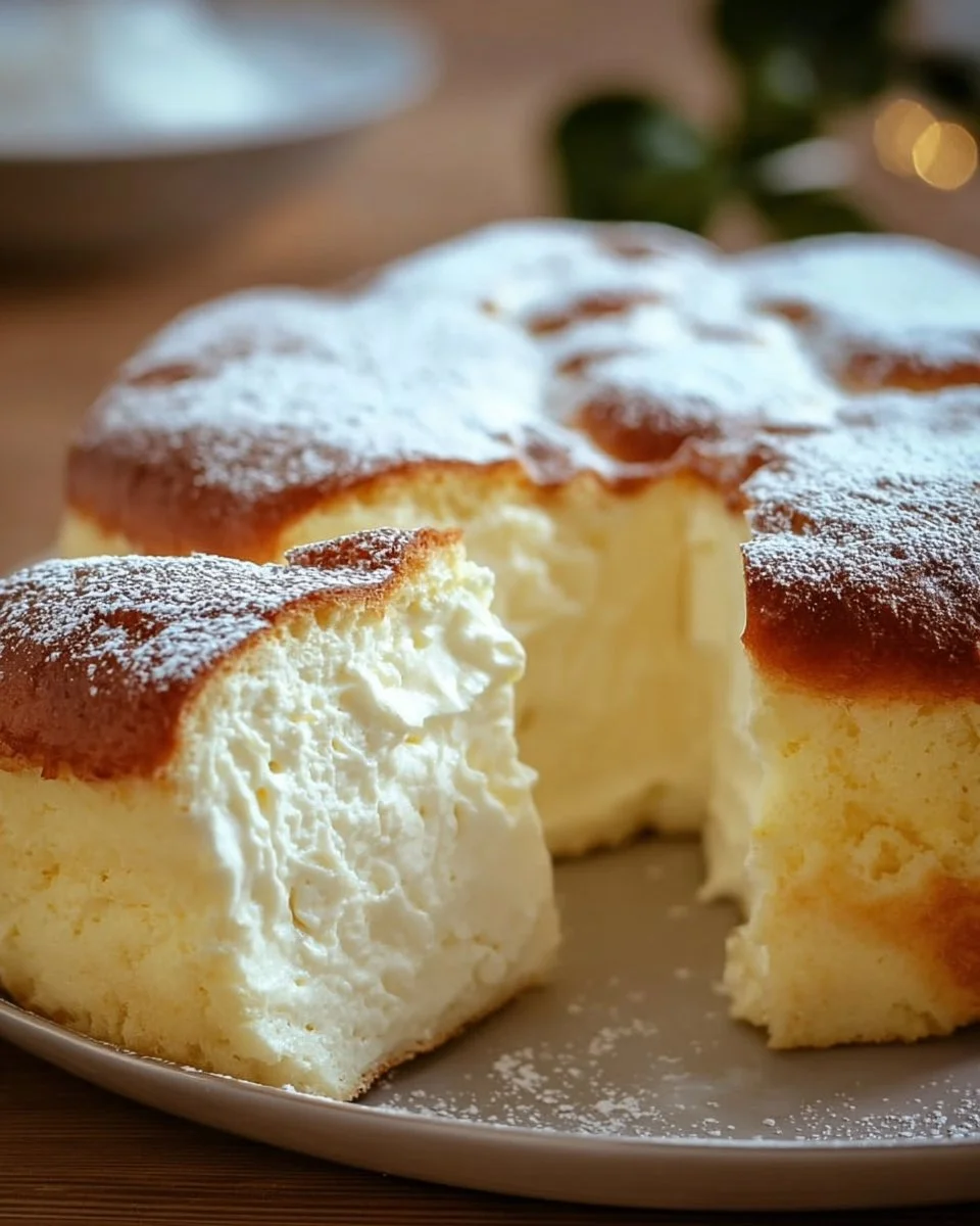 Slice of easy yogurt cloud cake topped with fresh berries