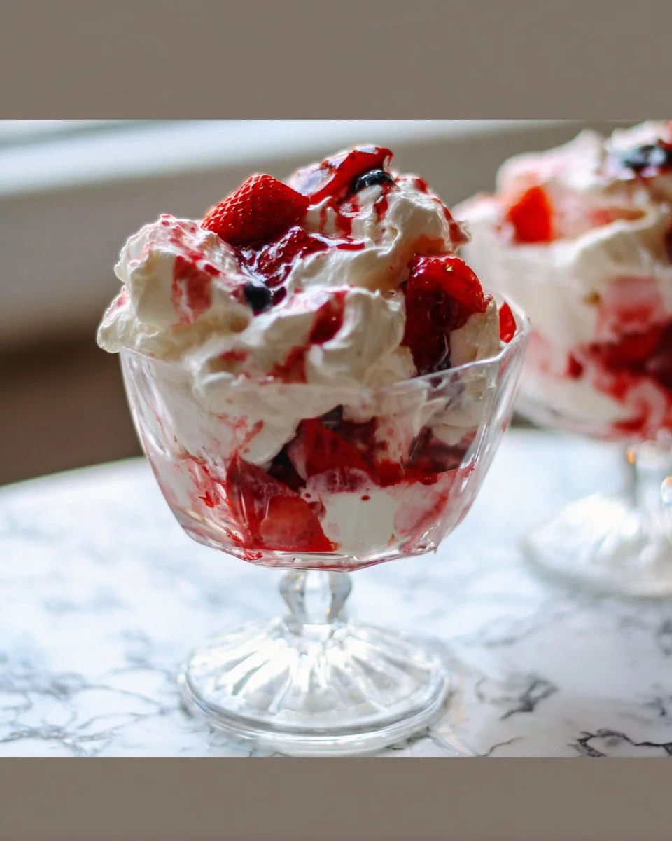 Delicious Eton Mess dessert with whipped cream, meringue, and strawberries.