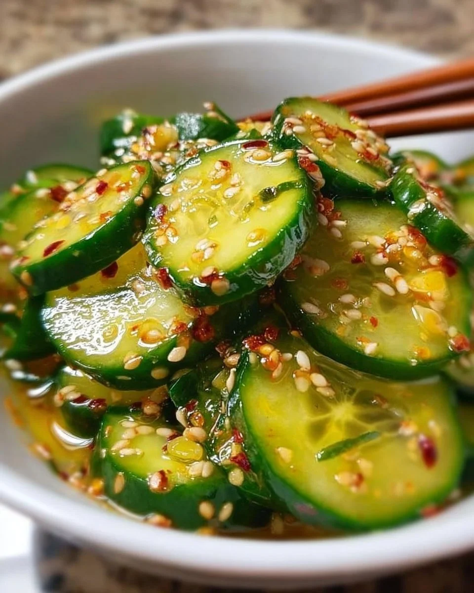 Bowl of fast and easy Asian cucumber salad garnished with sesame seeds