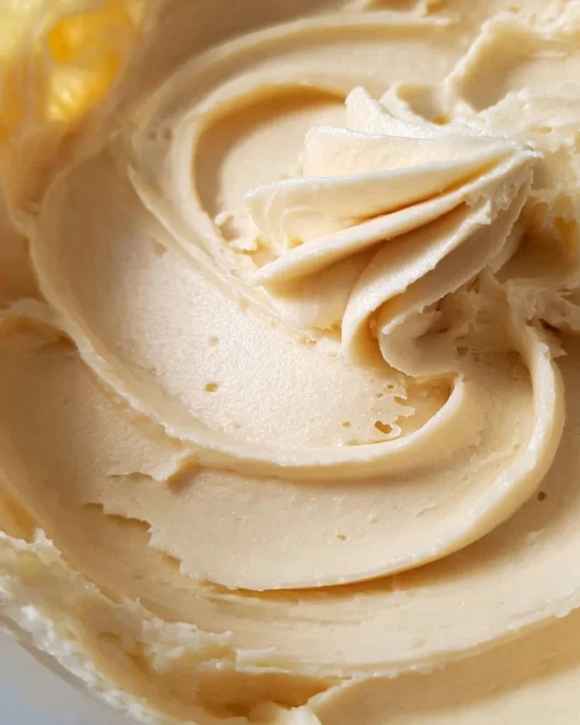 Fluffy brown sugar frosting on a cake, showcasing its creamy texture and rich color