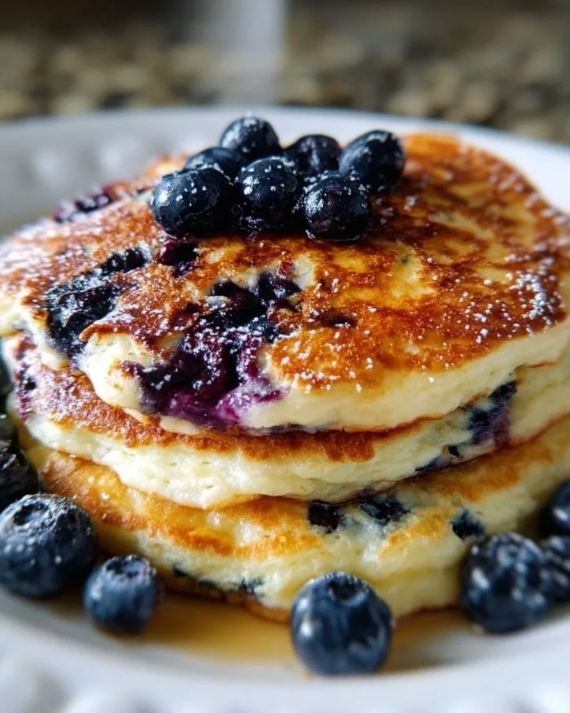 Fluffy Greek yogurt blueberry pancakes served with fresh berries and syrup