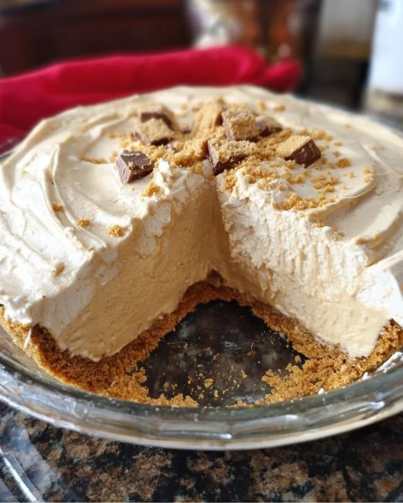 Delicious Fluffy No-Bake Peanut Butter Pie topped with chocolate and peanuts