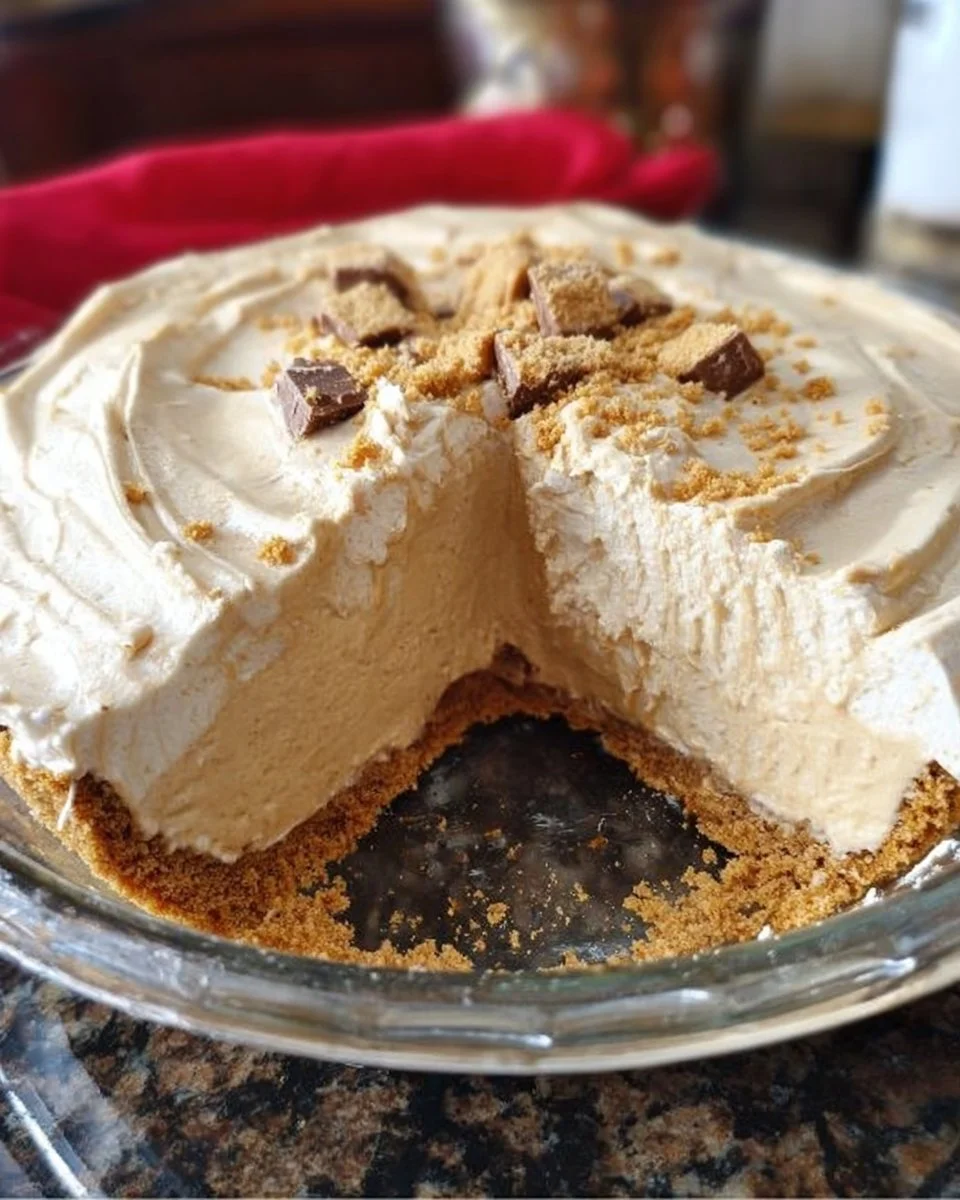Delicious Fluffy No-Bake Peanut Butter Pie topped with chocolate and peanuts
