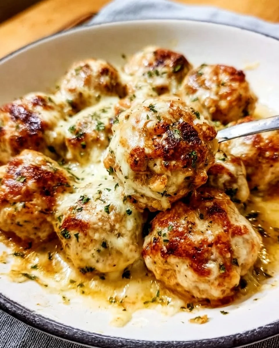Plate of French Onion Chicken Meatballs topped with melted cheese and herbs