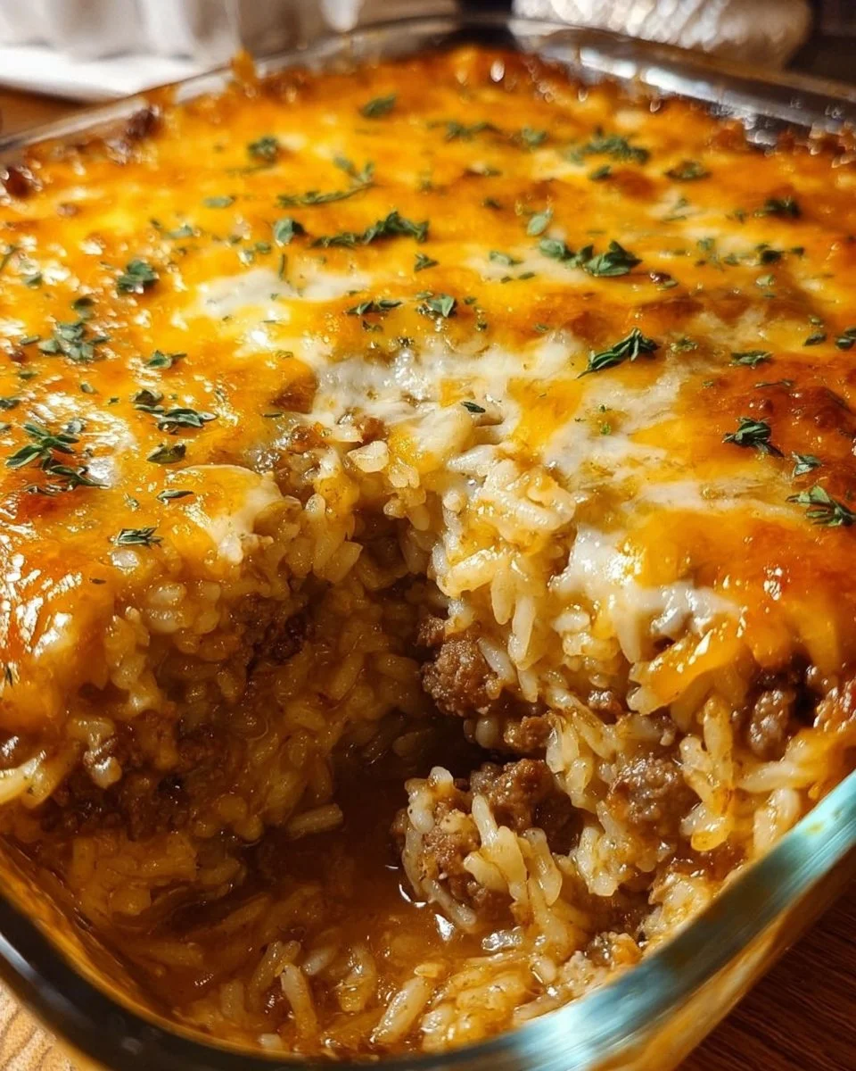 Delicious French Onion Ground Beef Rice Casserole topped with melted cheese