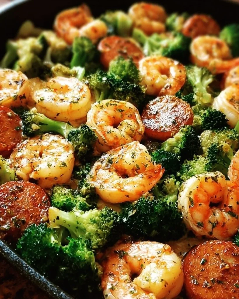 Garlic Butter Shrimp with Broccoli in a skillet, garnished and ready to serve.