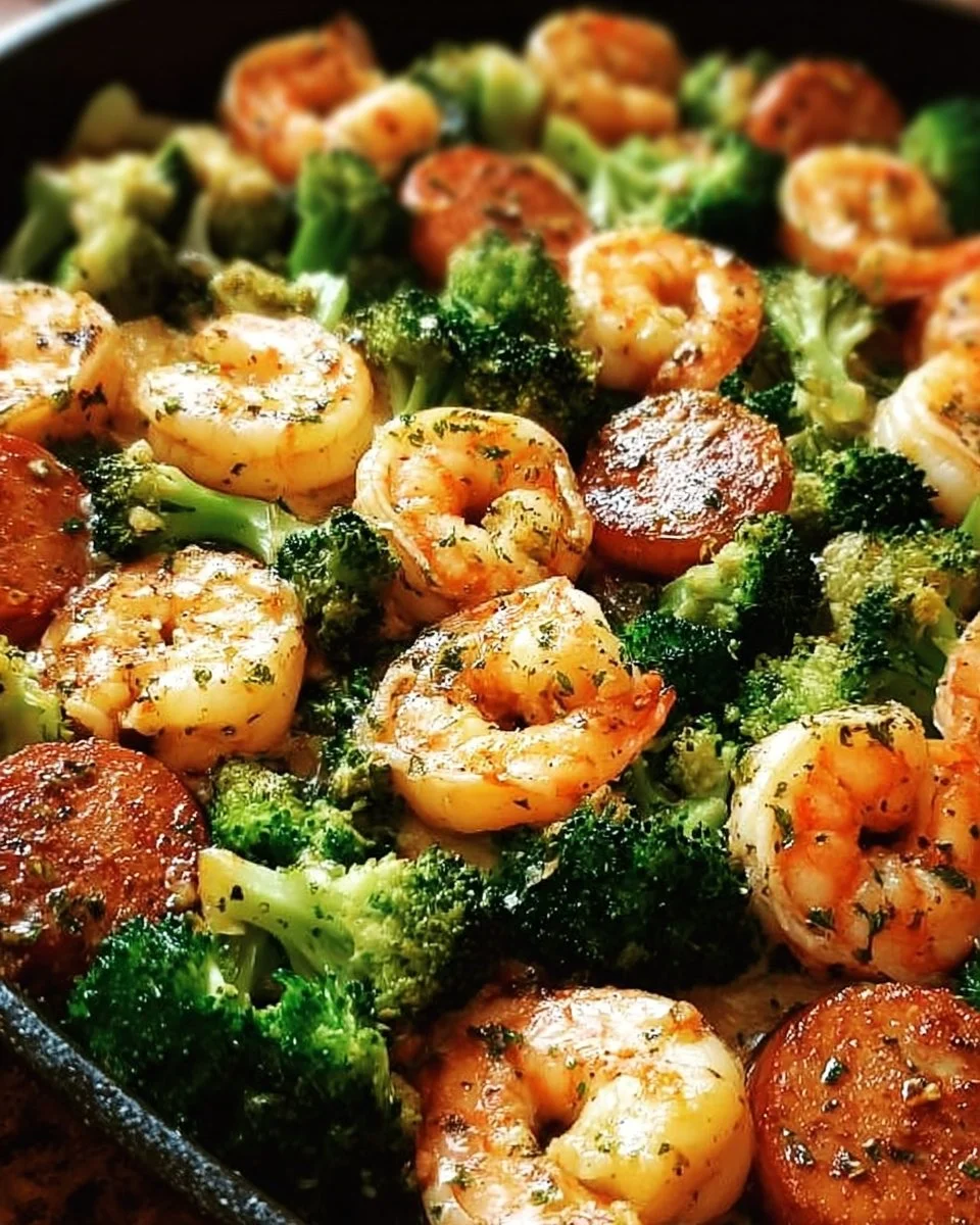 Garlic Butter Shrimp with Broccoli in a skillet, garnished and ready to serve.