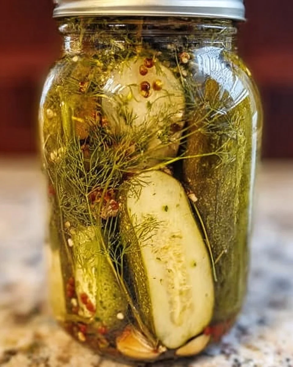 Homemade Garlic Dill Pickles jar filled with fresh pickles and garlic cloves.