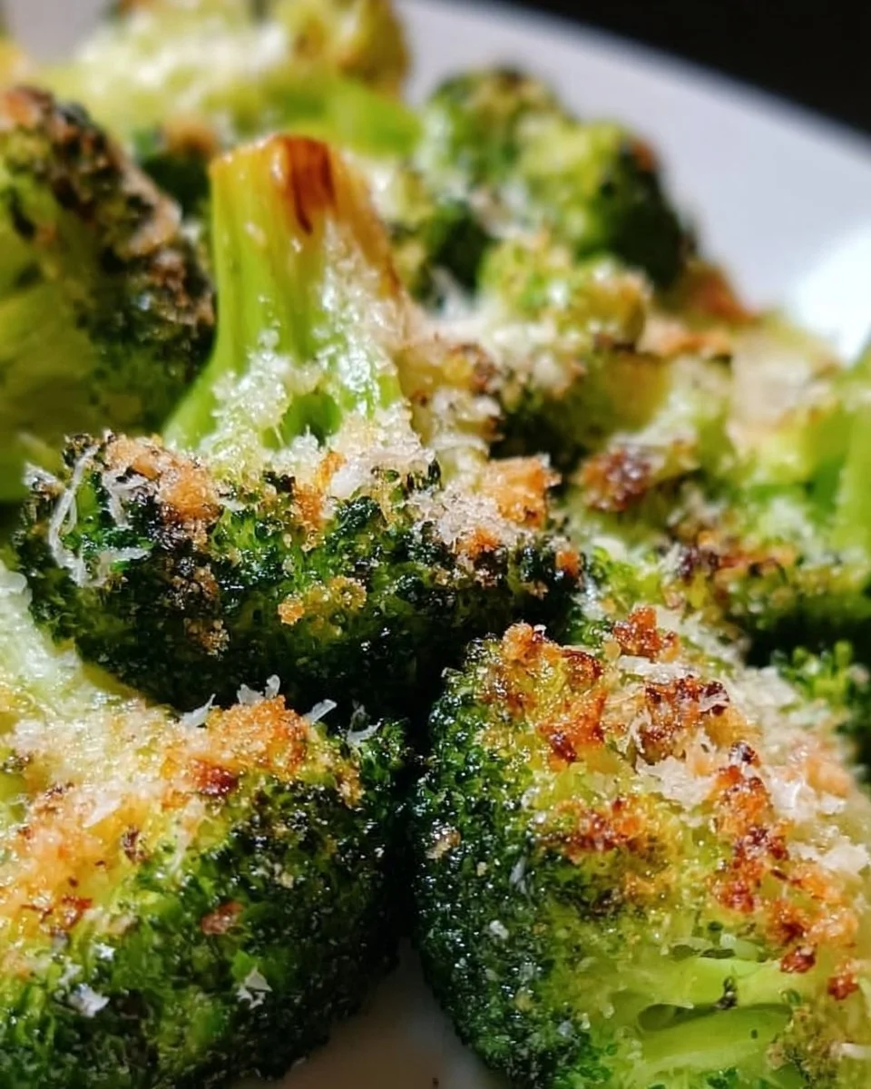 Plate of Garlic Parmesan Roasted Broccoli garnished with cheese