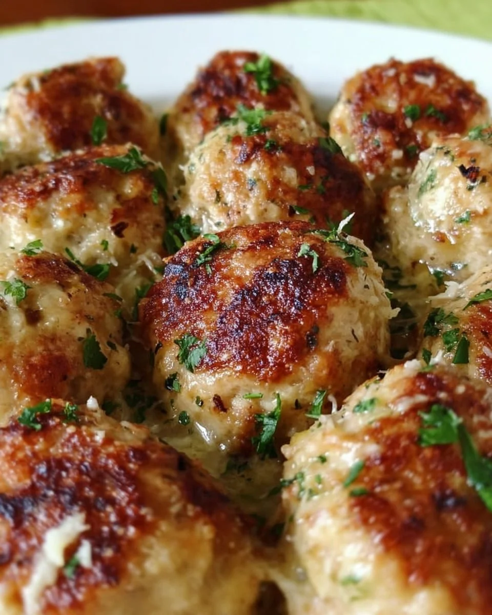 Garlic Parmesan Turkey Meatballs served on a plate with fresh herbs