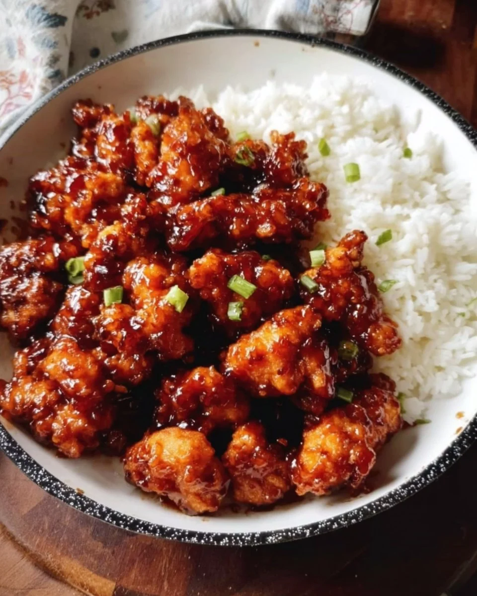 Delicious plate of General Tso's Chicken served with rice and vegetables