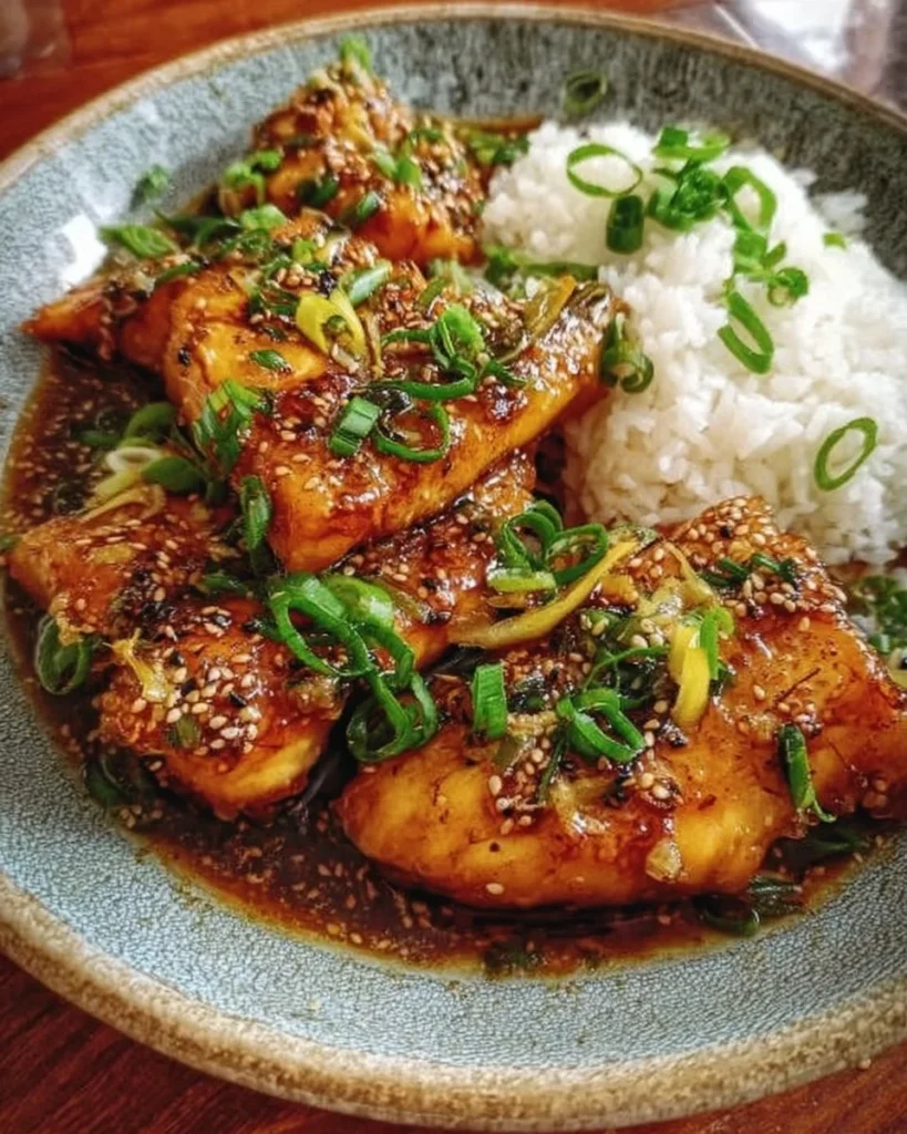Ginger soy fish served on a plate with fresh herbs and rice.