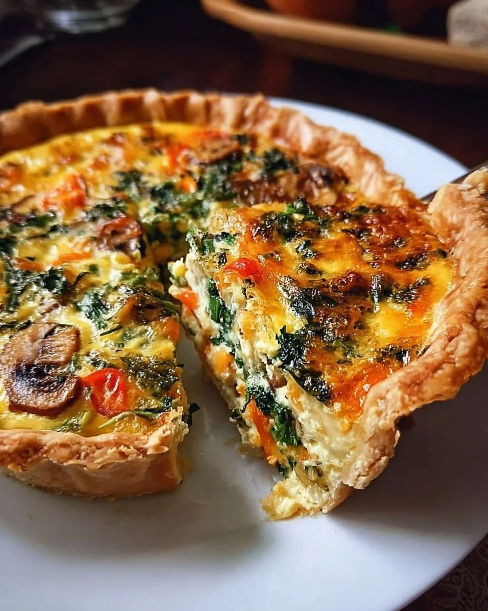 Golden Veggie Quiche with fresh vegetables and golden crust