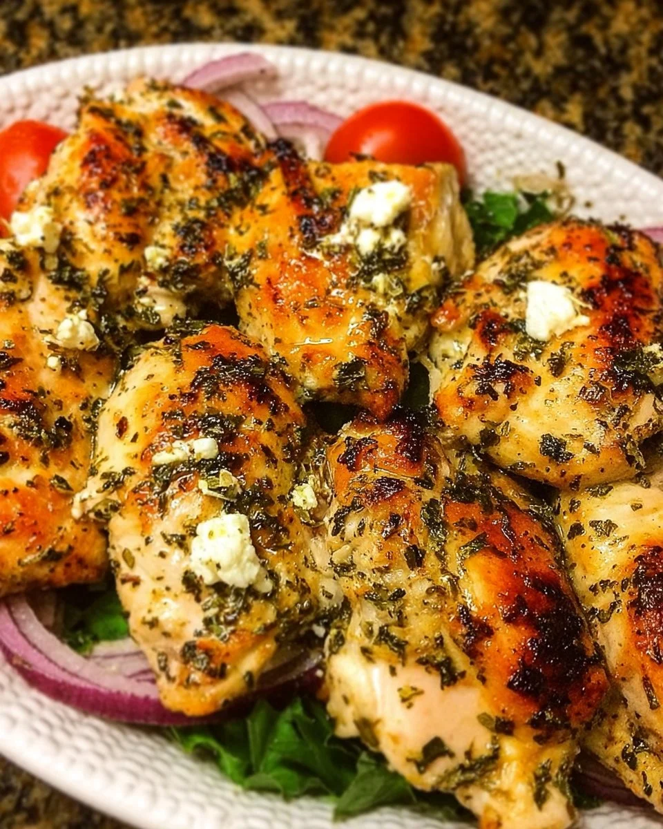 Delicious Greek chicken dish served with herbs and lemon